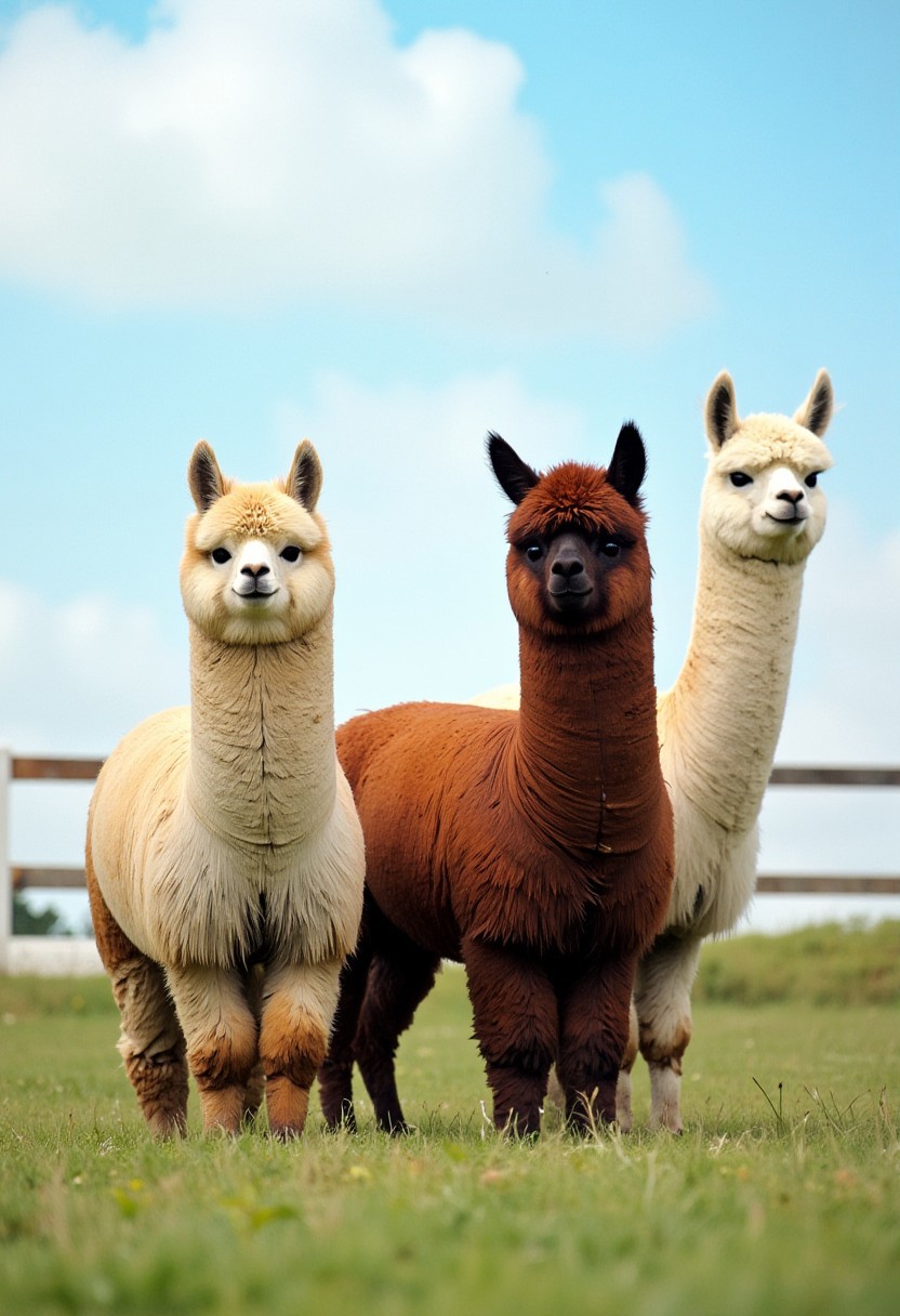 ppstorybook, A medium-close-up view of three different colored alpacas standing in a grassy field. They have longer hair and look very fluffy. The alpaca on the left is facing the camera, while the other two are facing the right. They are all facing the same direction, and their bodies are slightly angled to the left. The back of the alpaca is slightly angled towards the left side of the image, and the front of the one on the right is facing towards the right side. Behind them is a white fence, and in the background is a blue sky with white clouds.