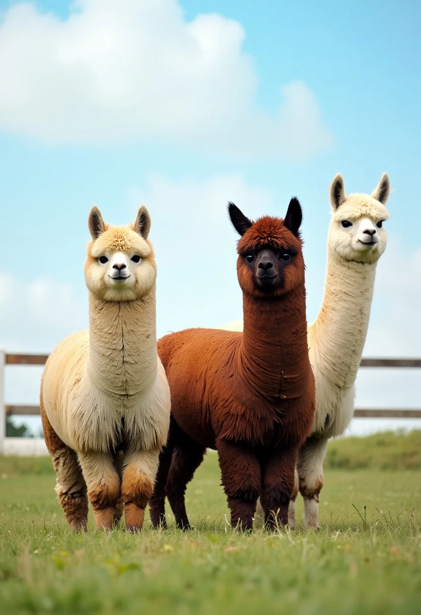 ppstorybook, A medium-close-up view of three different colored alpacas standing in a grassy field. They have longer hair and look very fluffy. The alpaca on the left is facing the camera, while the other two are facing the right. They are all facing the same direction, and their bodies are slightly angled to the left. The back of the alpaca is slightly angled towards the left side of the image, and the front of the one on the right is facing towards the right side. Behind them is a white fence, and in the background is a blue sky with white clouds.