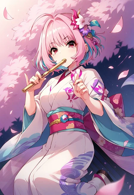 score_9, score_8_up, score_7_up,yumemi riamu, pink hair, ahoge, short hair, pink eyes, 1girl, japanese clothes, instrument, hair ornament, flute, kimono, solo, music, hair flower, flower, playing instrument, petals