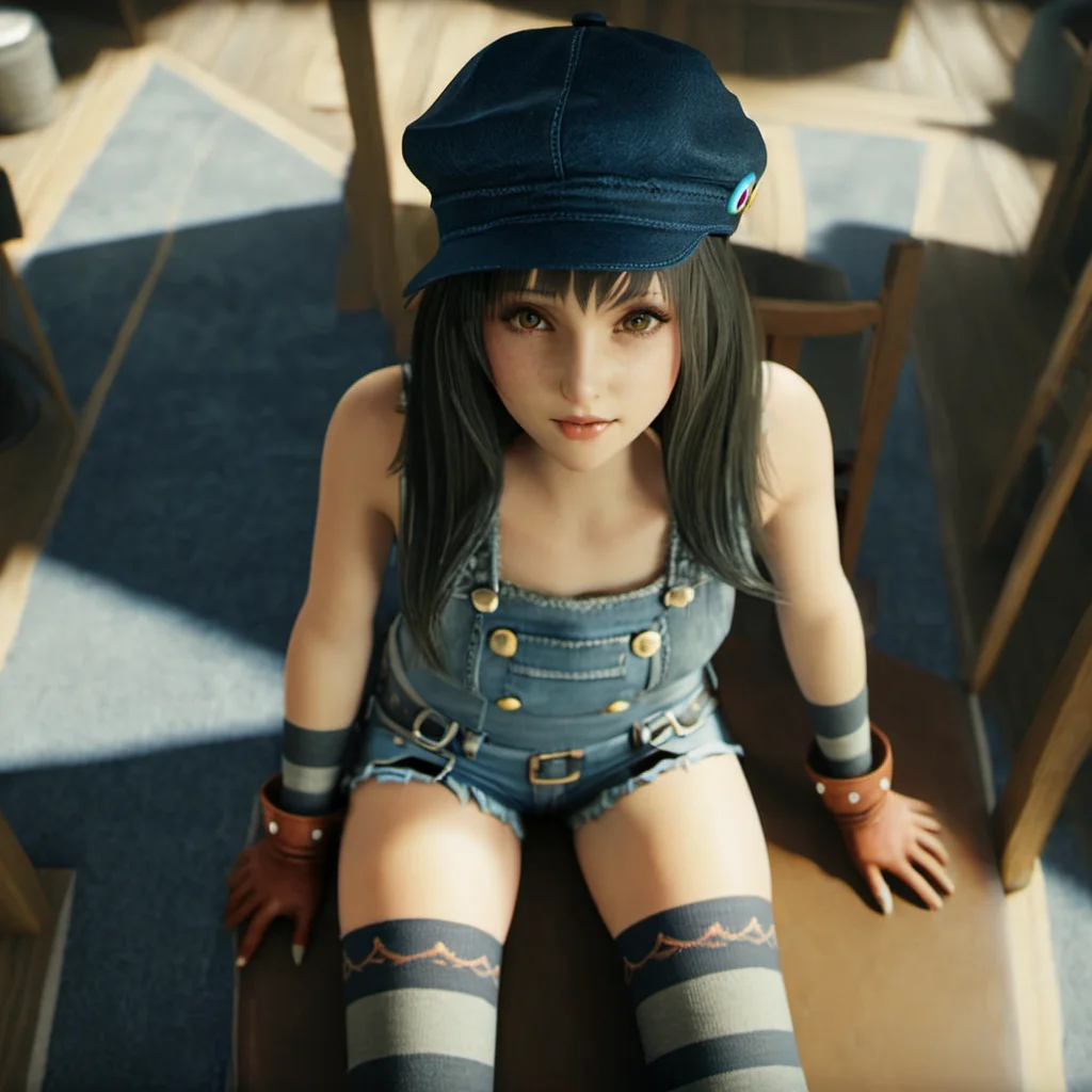 masterpiece, best quality, 1girl, the girl called kyrie canaan, 3d style, hat, Unreal Engine style, striped thighhighs, cinematic, movie still, from above, denim shorts, pov, (hand in own hair:1.5),  <lora:ff7_kyrie canaan_xl2.0-000014:0.8>  <lora:JuggerCineXL2:0.7>