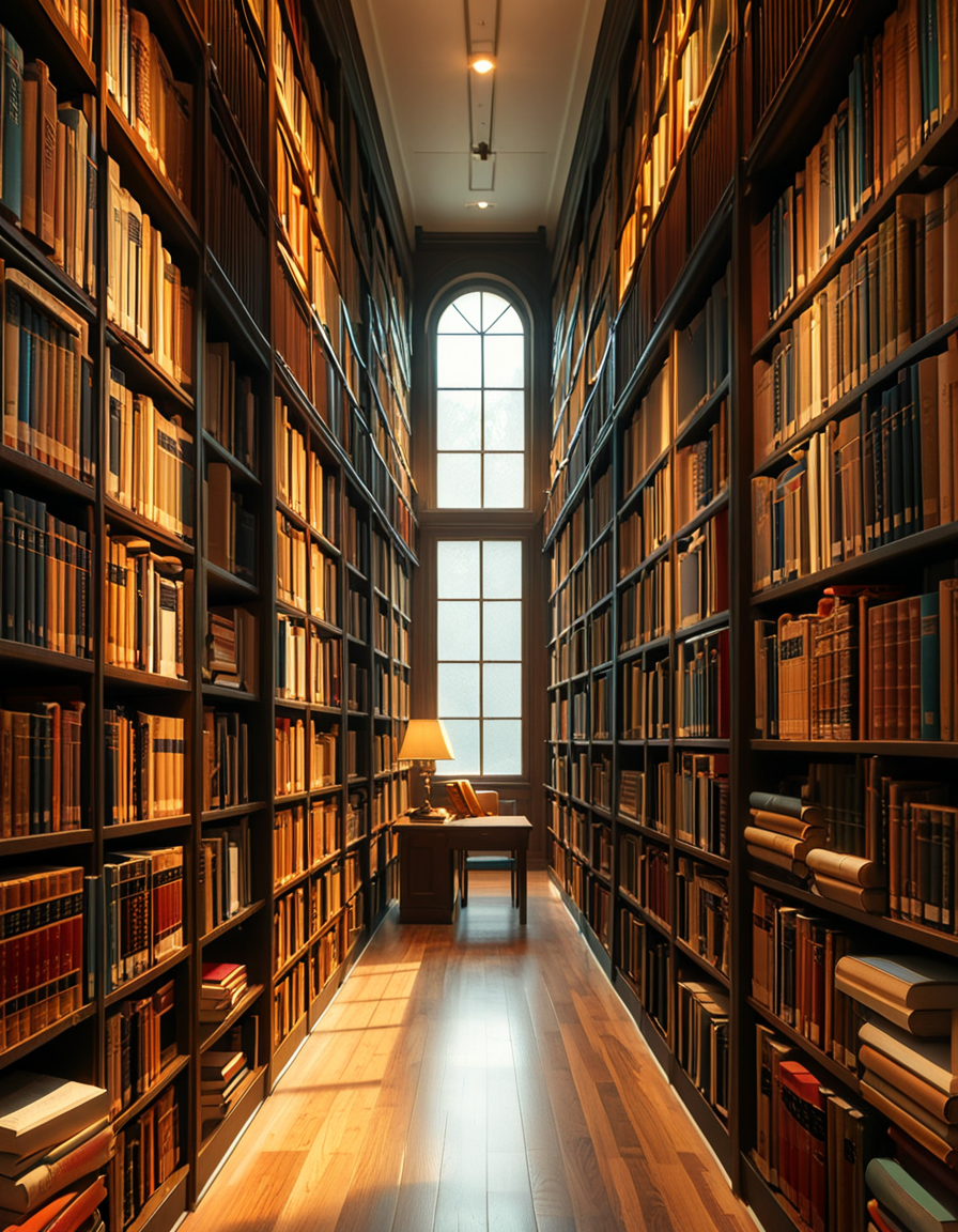 A quiet and well-organized aisle in a grand university library, lined with tall wooden bookshelves filled with countless books of various sizes and colors. The aisle is illuminated by soft, warm lighting from overhead lamps, casting a gentle glow on the polished wooden floor. A cozy reading nook with a wooden chair and a small desk is tucked into a corner, with an open book resting on the surface. The background features large arched windows letting in natural daylight, adding a serene and scholarly atmosphere. The perspective of the image leads down the aisle, creating depth, with book titles slightly visible on the spines. The ambiance is peaceful, evoking a sense of knowledge and intellectual curiosity.
<lora:SDXLFaeTastic2400:0.4> <lora:extremely_detailed:0.4> extremely detailed, <lora:University_Library_41sl3:1>,University Library 41sl3, Masterpiece,best quality,hi res,8k,hi res,8k,award winning,(sharp focus, intricate, highly detailed),