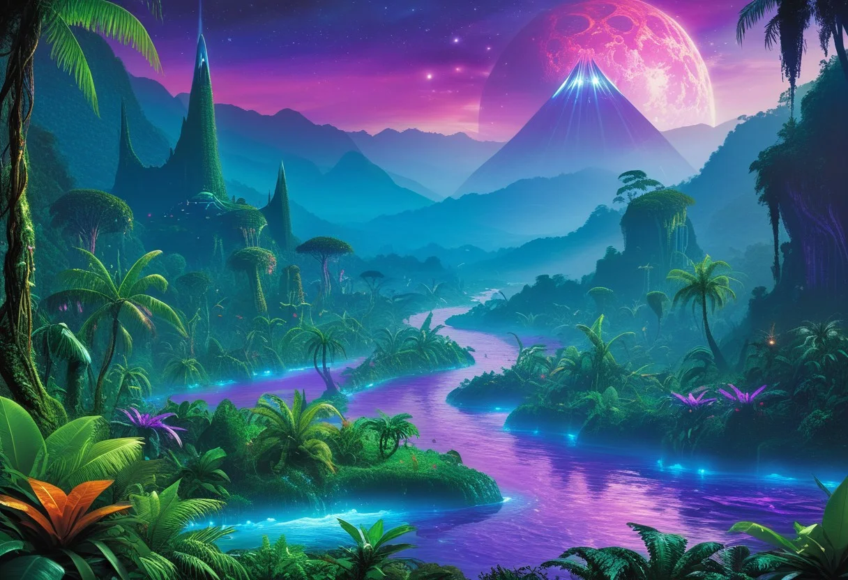 masterpiece,high resolution.
,alienworld, 
Jungle, river, blue and purple theme
, <lora:Alien_World-xl-8:0.6>, mountains with jungle on the horizon,