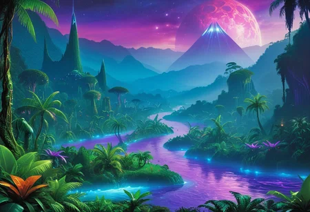 masterpiece,high resolution.
,alienworld,
Jungle, river, blue and purple theme
, <lora:Alien_World-xl-8:0.6>, mountains with jungle on the horizon,