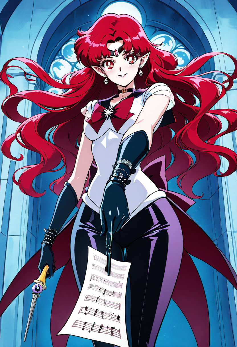 masterpiece, best quality, solo, curvy, beautiful eyes, narrow waist, wide hips, 1girl, solo, smile, looking at viewer, dynamic angle, foreshortening, close up,     (bishoujo senshi sailor moon, anime screenshot),   zzBeryl, red eyes, long hair, pointy ears, red hair, wavy hair,  ,<lora:QueenBerylSailorMoon_IXL:0.8>,  [Haunted Harpsichordist], ruffled shirt with fraying lace cuffs, long coattails lined with sheet music, skeletal brooch pinned to vest, velvet trousers with ghostly embroidery, pale leather gloves, wind-worn cravat, antique harpsichord with broken keys, echoing music hall, moonlight through stained glass, poised fingers, wistful expression,