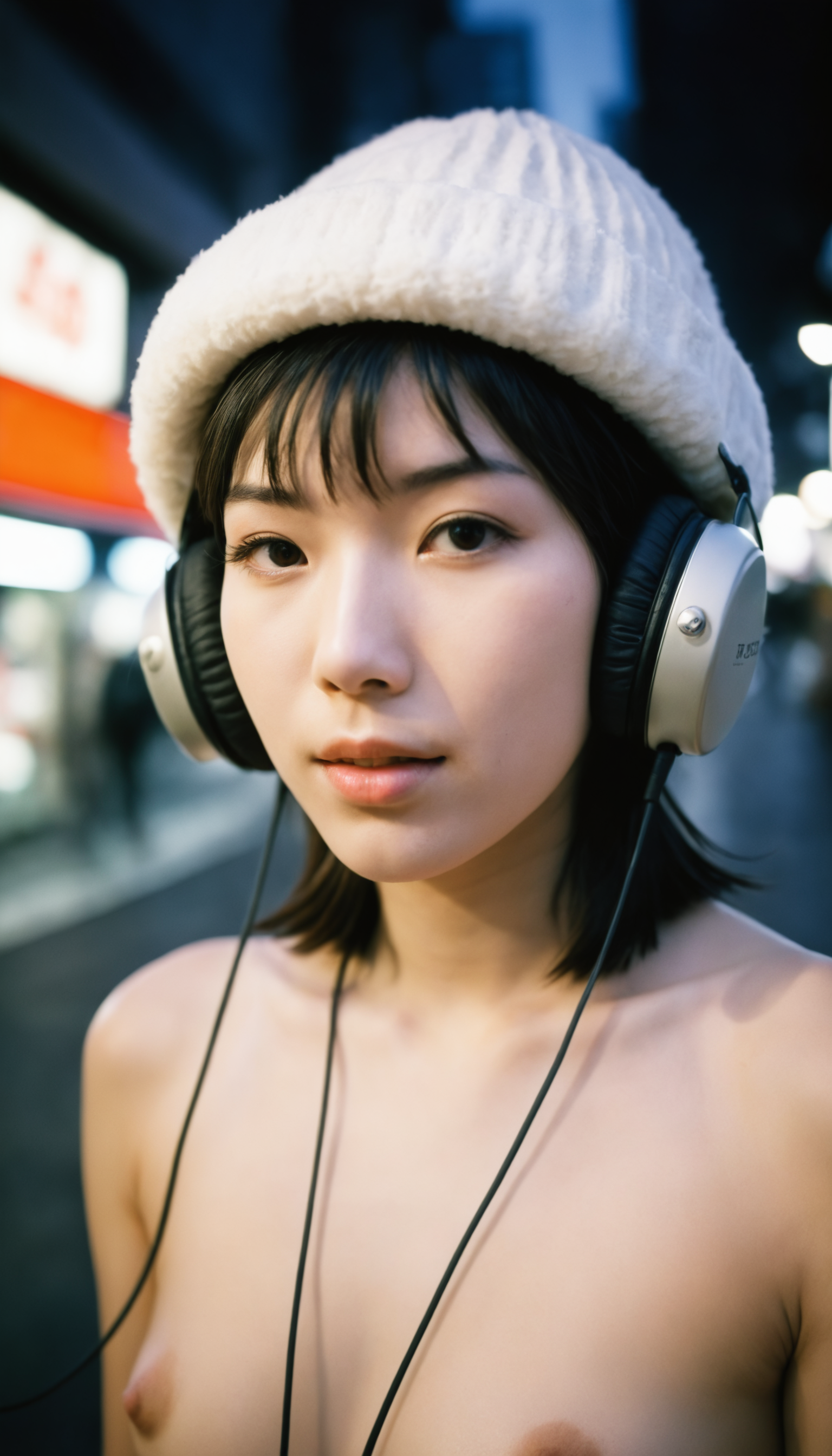 japanese otaku girl,winter hat, nude, naked, nipples, headphones,(beautiful face,exquisite face,skin texture:1.2), (ultra-wide angle:1.3), full body shot from back, (masterpiece,best quality,ultra high res:1.2),(photo-realistic:1.3),middle of shibuya, shadows, kodak portra 160 analog film, 35mm camera, f8, faded, blurry, motion blur, ((grainy))