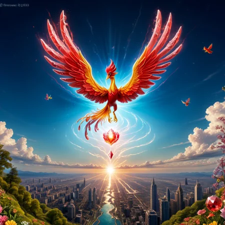 score_9, score_8_up, score_7_up, (Phenomenal Phoenix from pink and red crystals flying in the sky in its splendor, intense pink and red glowing aura on the phoenix's body, powerful energy reside inside the core of phoenix's body and the phoenix's eyes radiating blazing heat:1.37), strong focus on subject, Futuristic space suit with integrated HUD and environmental sensors,, strong bokeh, masterpiece, flawless complexion, top quality, best quality, ultra-realistic, ultra-detailed, 8k, highest resolution, surreal, incredibly lifelike, real life photo reality, lots of colorful kinds of beautiful flowers, bunches of tiny little animals, tiny birds and butterflies flying around, fish jumping in the air, wisdom tree, sunlight, perfect shadow, perfect panorama photo, lakes, meadows, best artistic scenery, colorful, rich colors, perfection artistic, uncanny realism, realism pushed to extreme, outstanding clear photo quality, immaculate-micro-details phoenix, intricate details, awards winning legendary almighty beast photography, 360 View, 360, micro details photography, shot on Canon EOS 5D, glamour photography, radiant god rays, Ilford HP5 Plus, Photographers by Tim Walker, technicolor, digital art, depth of field, (distant view:1.6)
