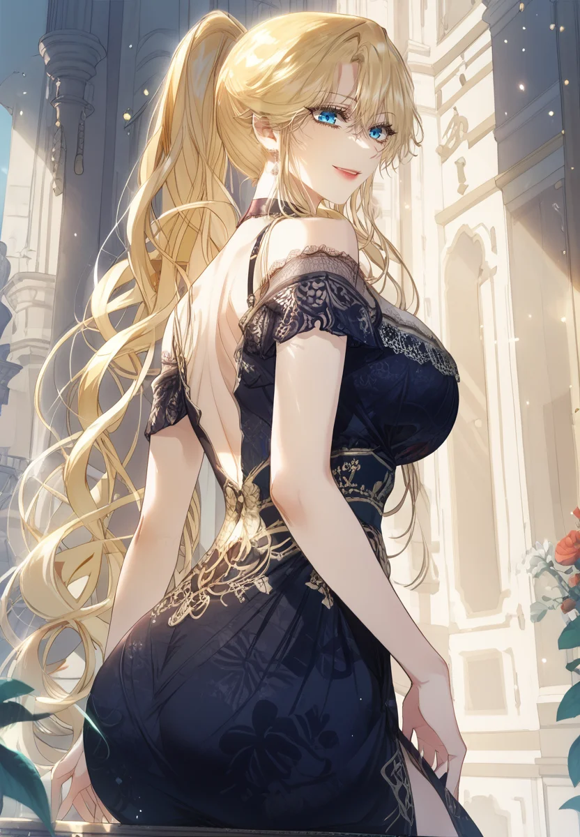 zPDXL3, score_9_up, score_8_up, score_7_up, (Anime_source),Masterpiece,(perfect female body:1.2), small waist,(incredibly detailed:1.4), slim, beautiful fingers, beautiful white skin, Beautiful clear skin, (big breasts:1.2) (thick thighs:1.2), evil smile, looking at viewer, big breasts, (from behind:1.6) <lora:Kayena_Hill_-_The_Villainess_is_a_Marionette-PONY-Kaleid:1>kayena hill, blonde hair, long hair, blue eyes, 1girl, bangs, eyelashes, hair between eyes, (large breasts:1.4), black dress, jewelry, full body, crossed legs, ponytail, from side, backs, ass, perfect ass, from below