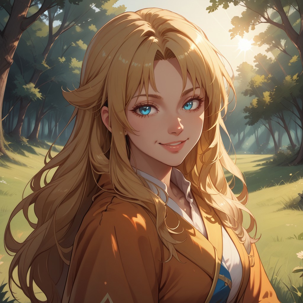 score_9, score_8, BREAK, solo, sendou erika, blonde hair, long hair, blue eyes, sexy pose, self portrait, smile, outdoors, sunlight, shadows, evening lighting, natural lighting, forest, trees, grass, orange sky, sunset