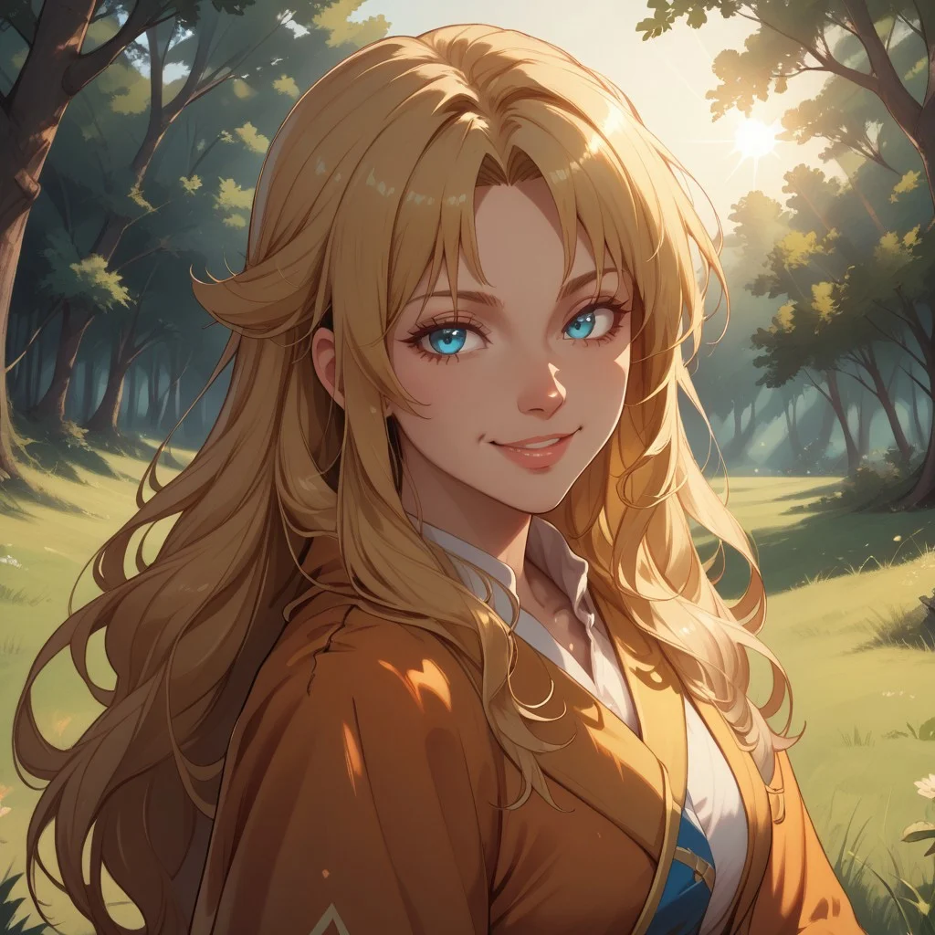 score_9, score_8, BREAK, solo, sendou erika, blonde hair, long hair, blue eyes, sexy pose, self portrait, smile, outdoors, sunlight, shadows, evening lighting, natural lighting, forest, trees, grass, orange sky, sunset