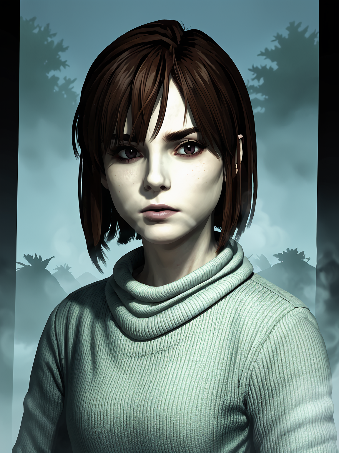 outdoors, source_3d, score_7_up, <lora:Angela Orosco (Silent Hill 2):1> sh2angela, brown hair, looking at viewer, fog, thick fog, mist