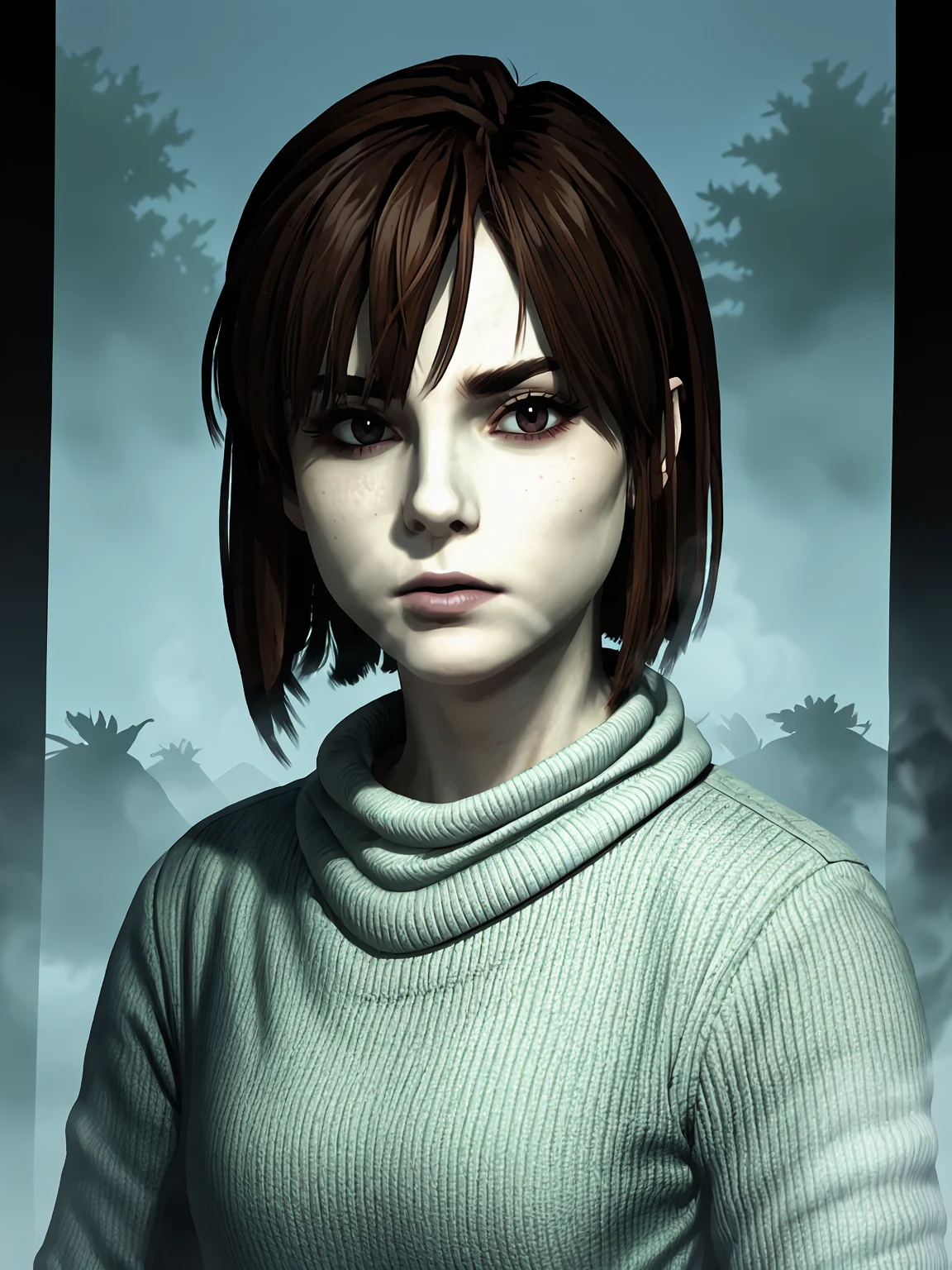 outdoors, source_3d, score_7_up, <lora:Angela Orosco (Silent Hill 2):1> sh2angela, brown hair, looking at viewer, fog, thick fog, mist