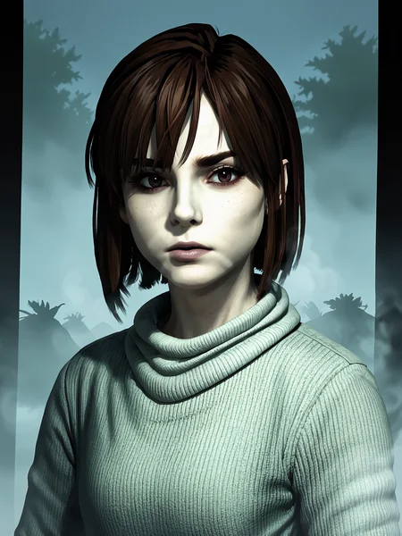 outdoors, source_3d, score_7_up, <lora:Angela Orosco (Silent Hill 2):1> sh2angela, brown hair, looking at viewer, fog, thick fog, mist