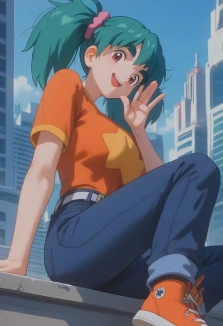 score_9, score_8_up, score_7_up, rating_explicit,1 girl, alone, cute, (voluptuous:1.2), PMDuplica, 1girl, solo, brown eyes, green hair, bangs, twintails, hair tie, thick eyebrows, short sleeves, t-shirt, orange shirt, star print, belt, jeans, orange footwear, sitting, looking at viewer, smile, open mouth, waving arms, BREAK, cityscape, blue sky, sunlight,