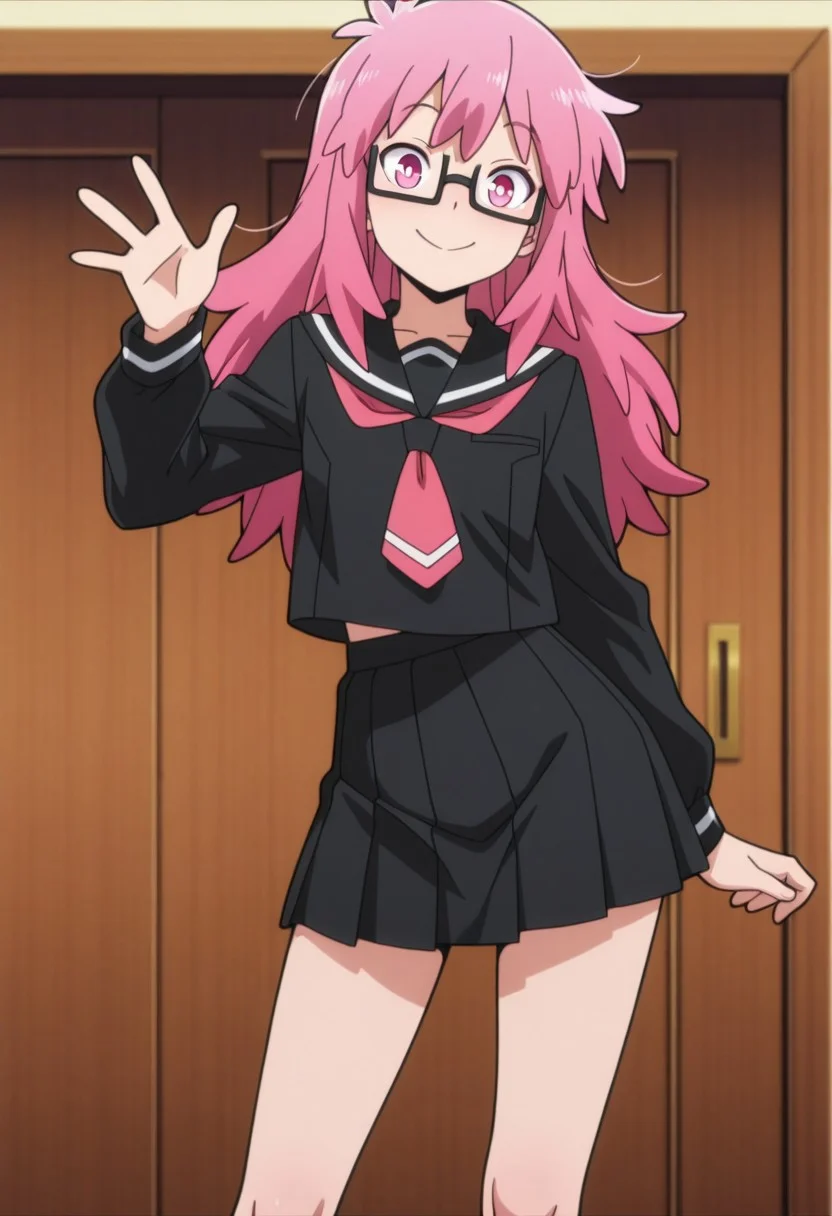 Masterpiece , best quality , amazing quality  ,  anime screencap , a girl ,popstep
pink eyes , pink hair
messy hair , long hair , square glasses , serafuku , black shirt , black pleated skirt , cowboy shot , contrapposto , looking at viewer, waving , smile