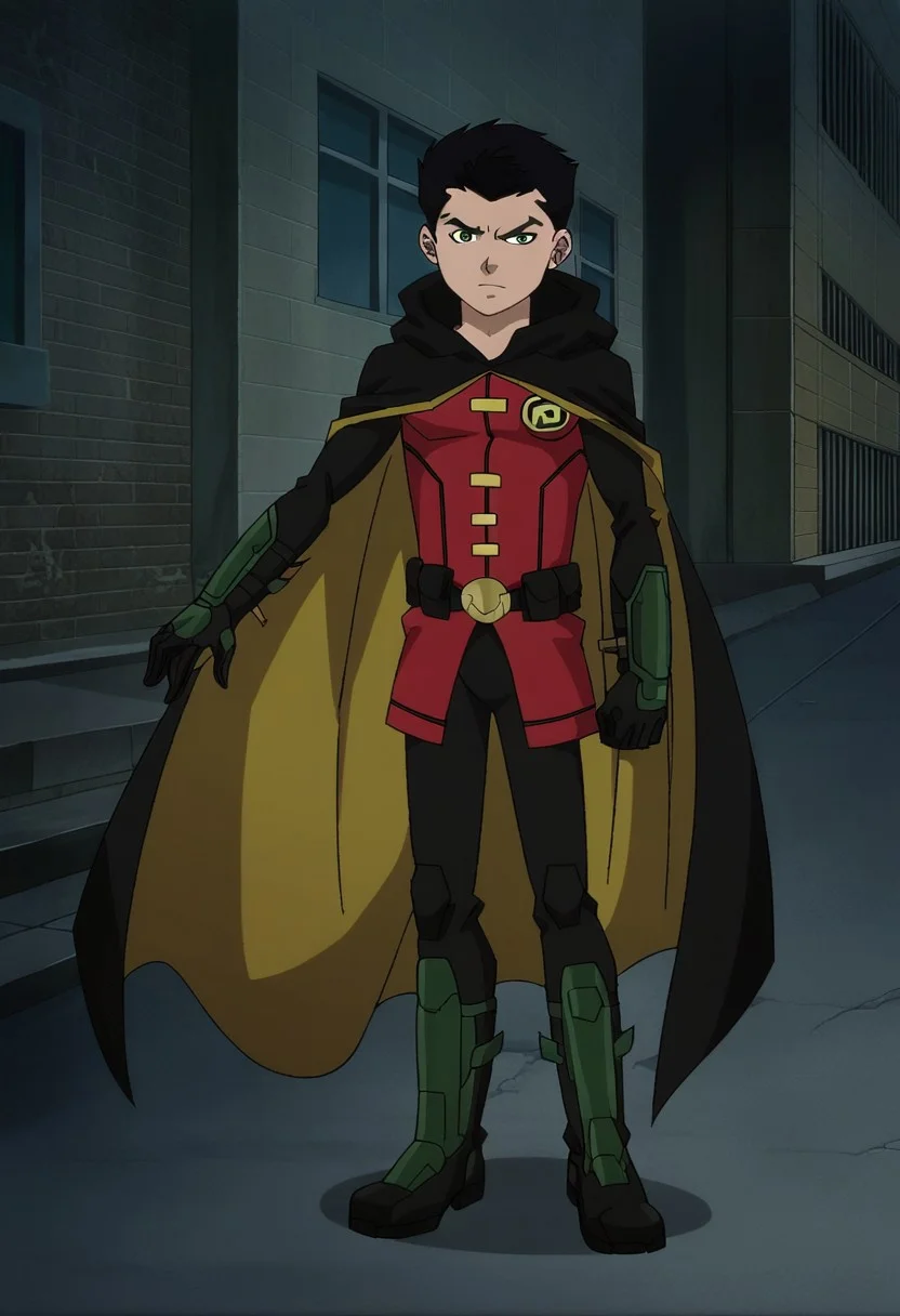 score 9, score 8 up, score 7 up, (1boy), Robin DC comic, black bodysuit, green gloves, cape, black boots, red vest, belt, green eyes, dark alley, black illustration lines, short hair, masculine, <lora:Robin_-_DC_Animated_Movie_Universe:1>, <lora:RD-MAnon-XLV1.1:1>
