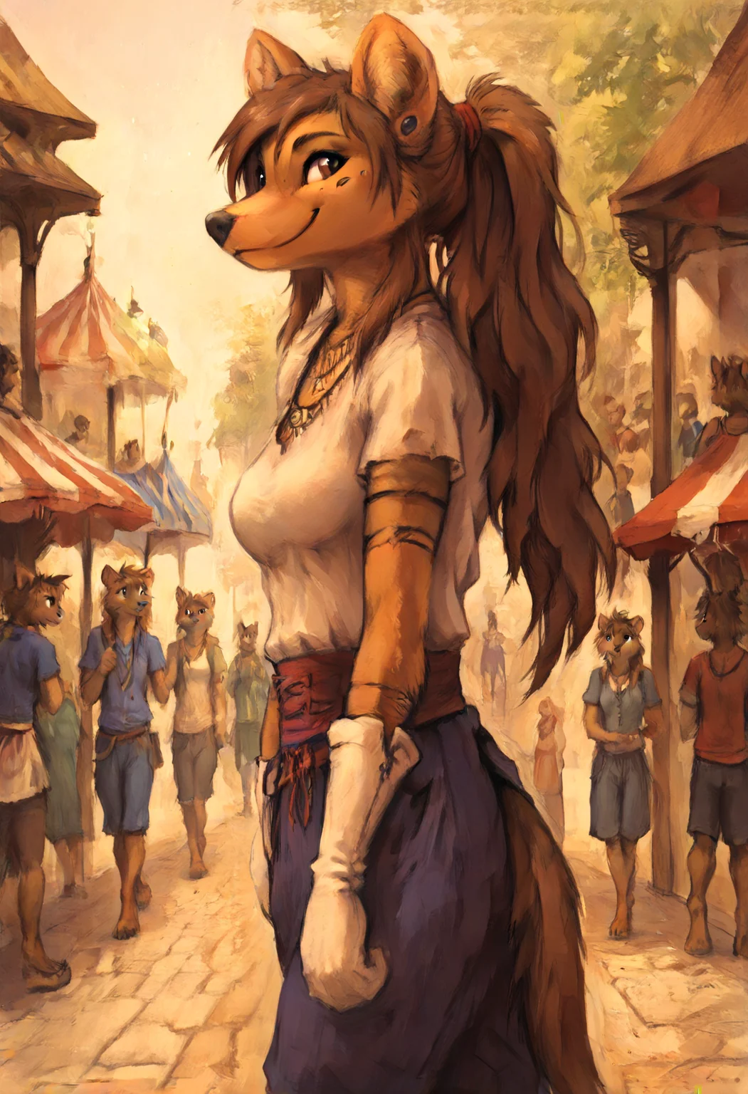 (score_9, score_8_up, score_7_up, score_6_up, score_5_up, score_4_up, source_furry, kenket style, by kenket), furry female, anthro, animal ears, brown hair, brown eyes, long hair, ponytail, medium breasts, (adventurer clothes,brown gloves,hobbit clothes:1.1), smile, from side, solo focus, walking, looking aside, (market, bazaar, crowd), dark person in front
