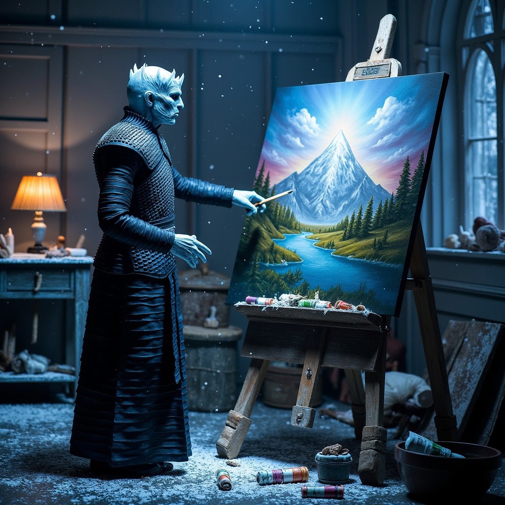 The Night King standing in a luminous art studio, surrounded by canvases and paint tubes. With frosty fingers, he meticulously paints a colorful landscape capturing the beauty of the North. The easel and the floor beneath him are dusted with snow, suggesting that the paints have taken on a wintry chill.
