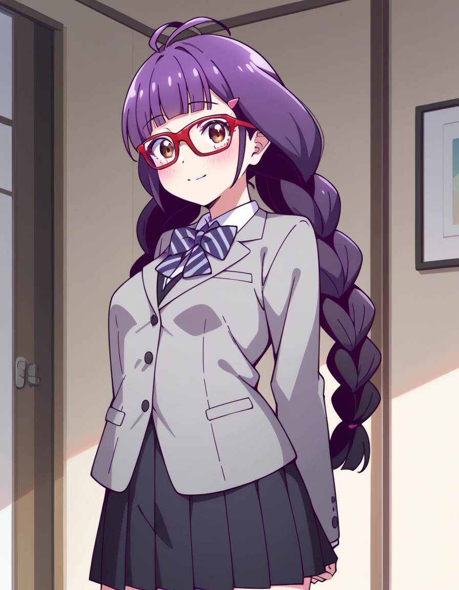 score_9, score_8_up, score_7_up, source_anime, uncensored, <lora:StS_detail_slider_v1:3>, zPDXLxxx, <lora:Aoi_Izumizawa_PONYXL_VexVexX:1>, AoiIzumizawa, brown eyes, purple hair, long hair, braid, twin braids, bangs, blunt bangs, antenna hair, glasses, red-framed eyewear, hairclip, hair ornament, medium-small breasts, school uniform, skirt, pleated skirt, black skirt, shirt, black shirt, collared shirt, black vest, jacket, grey jacket, blazer, striped bowtie, cowboy shot, bedroom, from front, standing, hands behind back, looking at view, thighs,