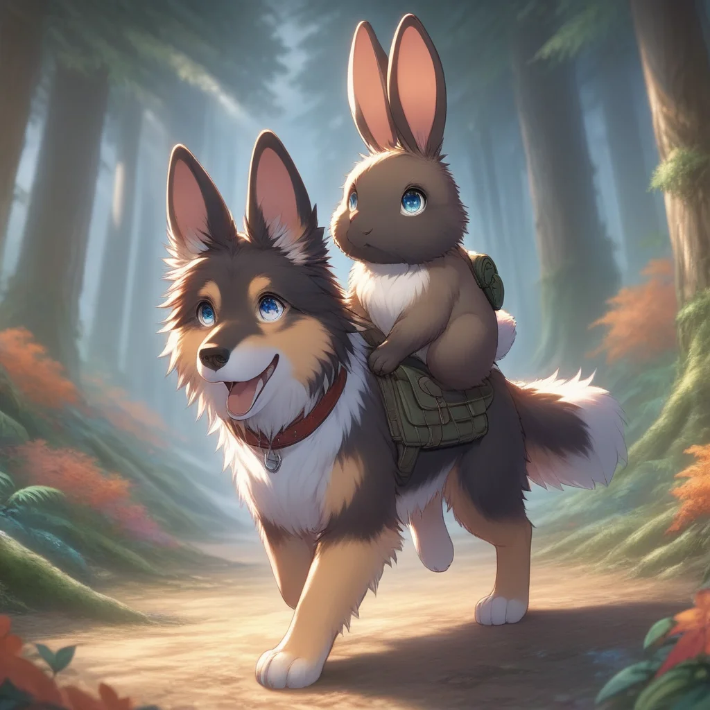 <lora:doggyback_v1.16:1>, doggybackride, dog, bunny, anime, cartoon, dog walking, bunny sitting on dog, dog giving a piggy back ride, german shepherd dog, orange bunny