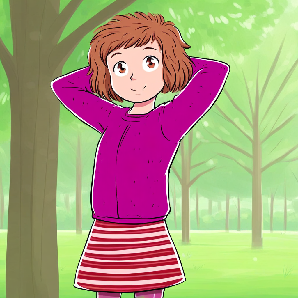 score_9, solo, helen_l, 1girl, short hair, brown hair, sweater, striped, skirt, pantyhose, hands behind head, smile, looking at viewer, tree, natural lighting