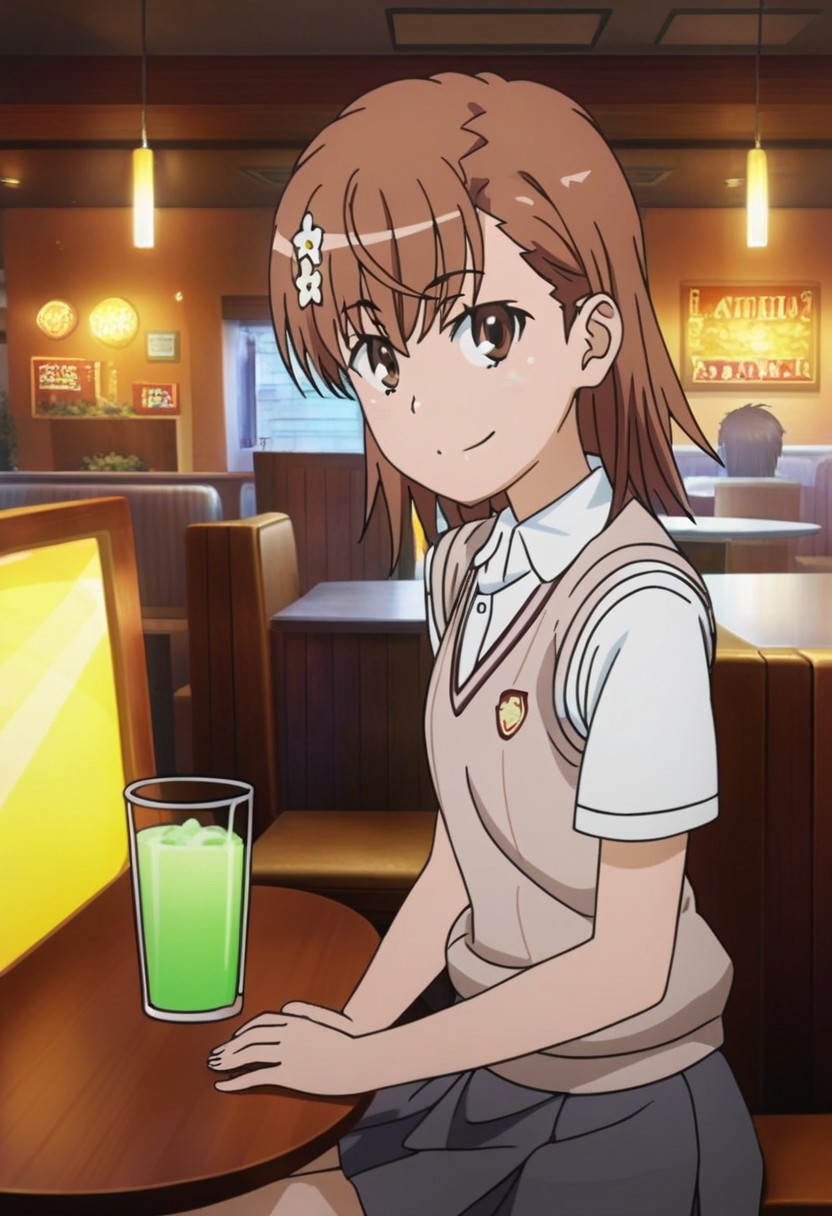 masterpiece, best quality, absurdres, highres, intricate details, very aesthetic, on-model, accurate art style, anime screencap, anime coloring, show accurate, cartoon screencap, movie accurate, official screencap, style parody, flat colors, official art, proper proportions, extremely detailed, newest, 2024, BREAK, 1girl, misaka mikoto, short hair, brown hair, hair ornament, hair flower, school uniform, tokiwadai school uniform, white shirt, brown sweater vest, short sleeves, v-neck, skirt, white socks, loafers, brown loafers, shoes, BREAK, smile, sitting, looking at viewer, BREAK, detailed background, indoors, restaurant, booth, table, cup, drinking straw, BREAK, cowboy shot, BREAK, vibrant colors, cinematic lighting, 75% soft lighting, 25% dark lighting