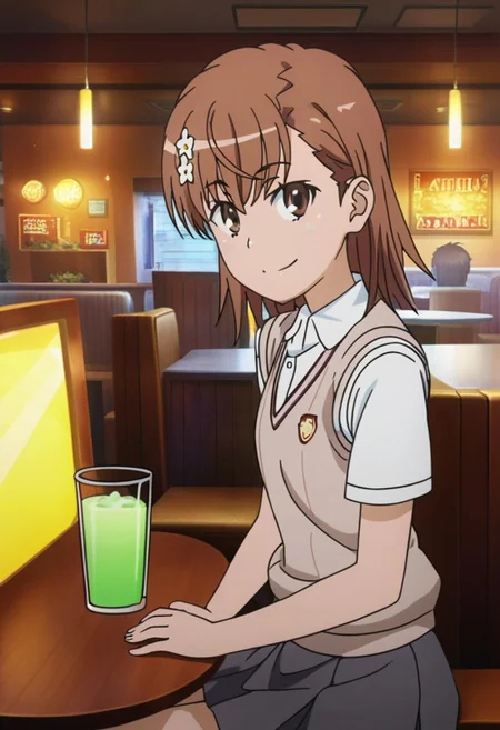 masterpiece, best quality, absurdres, highres, intricate details, very aesthetic, on-model, accurate art style, anime screencap, anime coloring, show accurate, cartoon screencap, movie accurate, official screencap, style parody, flat colors, official art, proper proportions, extremely detailed, newest, 2024, BREAK, 1girl, misaka mikoto, short hair, brown hair, hair ornament, hair flower, school uniform, tokiwadai school uniform, white shirt, brown sweater vest, short sleeves, v-neck, skirt, white socks, loafers, brown loafers, shoes, BREAK, smile, sitting, looking at viewer, BREAK, detailed background, indoors, restaurant, booth, table, cup, drinking straw, BREAK, cowboy shot, BREAK, vibrant colors, cinematic lighting, 75% soft lighting, 25% dark lighting