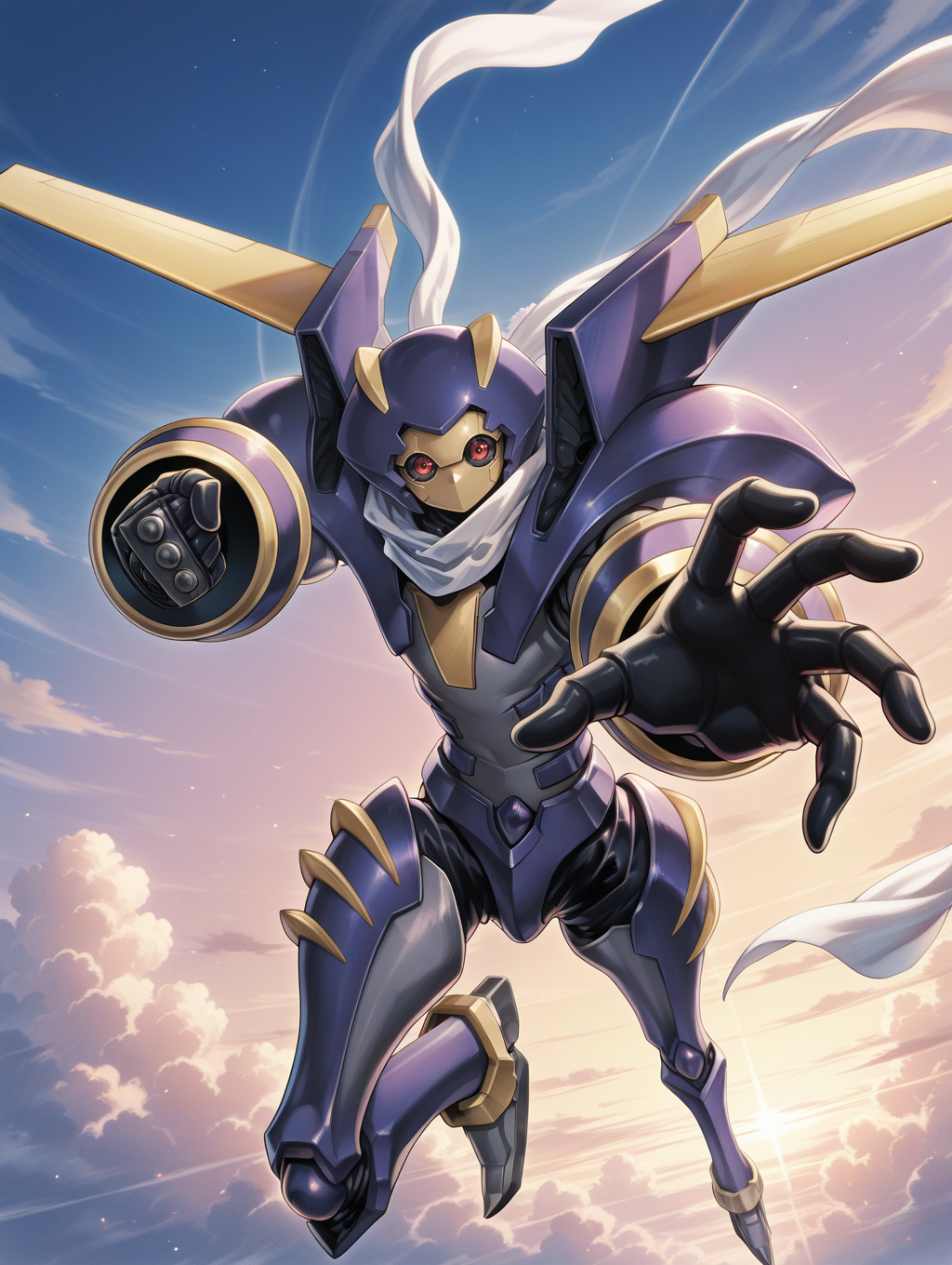 junk warrior,no humans,robot,sky,cloud,solo,open hand,white scarf,looking at viewer,science fiction,brass knuckles,incoming punch,flying,
masterpiece,best quality,amazing quality,very aesthetic,absurdres,newest,<lora:Junk Warrior illuXL v1:0.82>,
