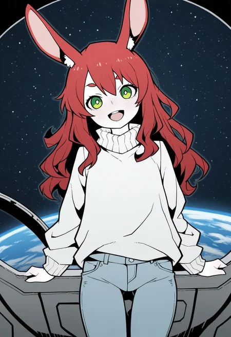 masterpiece,best quality,amazing quality, very aesthetic,rabbit girl,furry,red hair,white rabbit ear,solo,add detailed eyes,green eyes,dressed,happy,long hair,roll-up sweater,jeans,AkablStyle, AkablStyle, flat_color,in a space station, in orbit, scifi , planet,  space, starry sky,