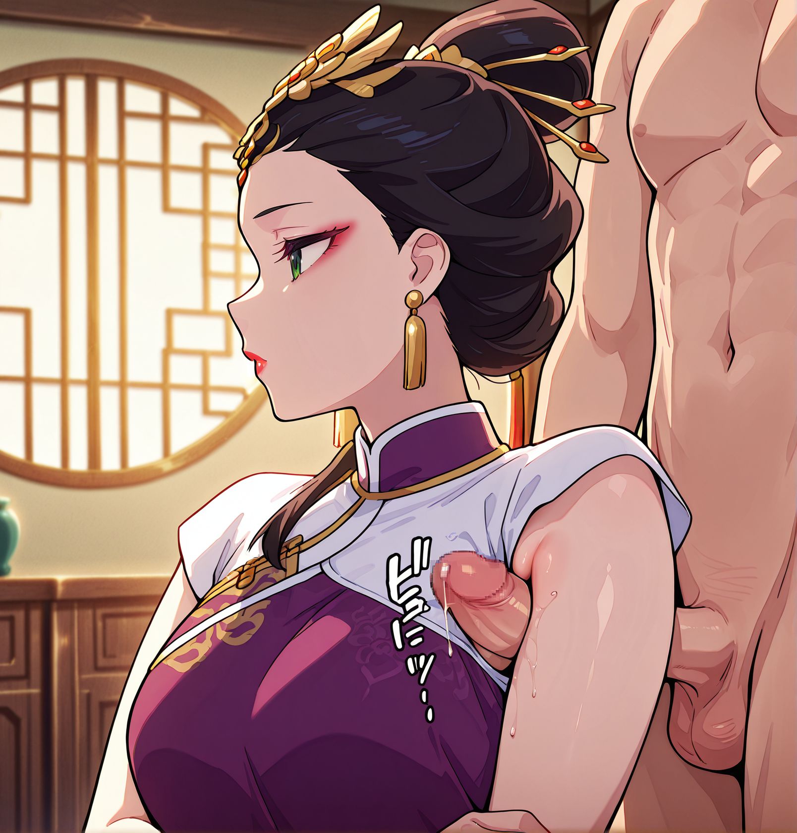 masterpiece, best quality, newest, absurdres, highres, detailed eyes, beautiful, detailed background, perfect eyes, anime coloring, anime screencap,
<lora:Armpit_sex:1>Armpit_sexV1, 
1girl, 1boy, upper body, nude, uncensored, 
armpit sex, (penis between arm,  arm down:1.4), 
penis,  erection, testicles,  arms down,precum, sound effects, 
1man standing behind female,motion lines, motion blur, 
grabbing from behind, 
BREAK
<lora:Llan01-000088:1>, LOULAN,jewelry,earrings,makeup,hair ornament,
eyeshadow,lipstick, chinese clothes,green eyes,profile,red lips,short hair, 
short sleeves,
BREAK
Beard, Goatee, faceless male,