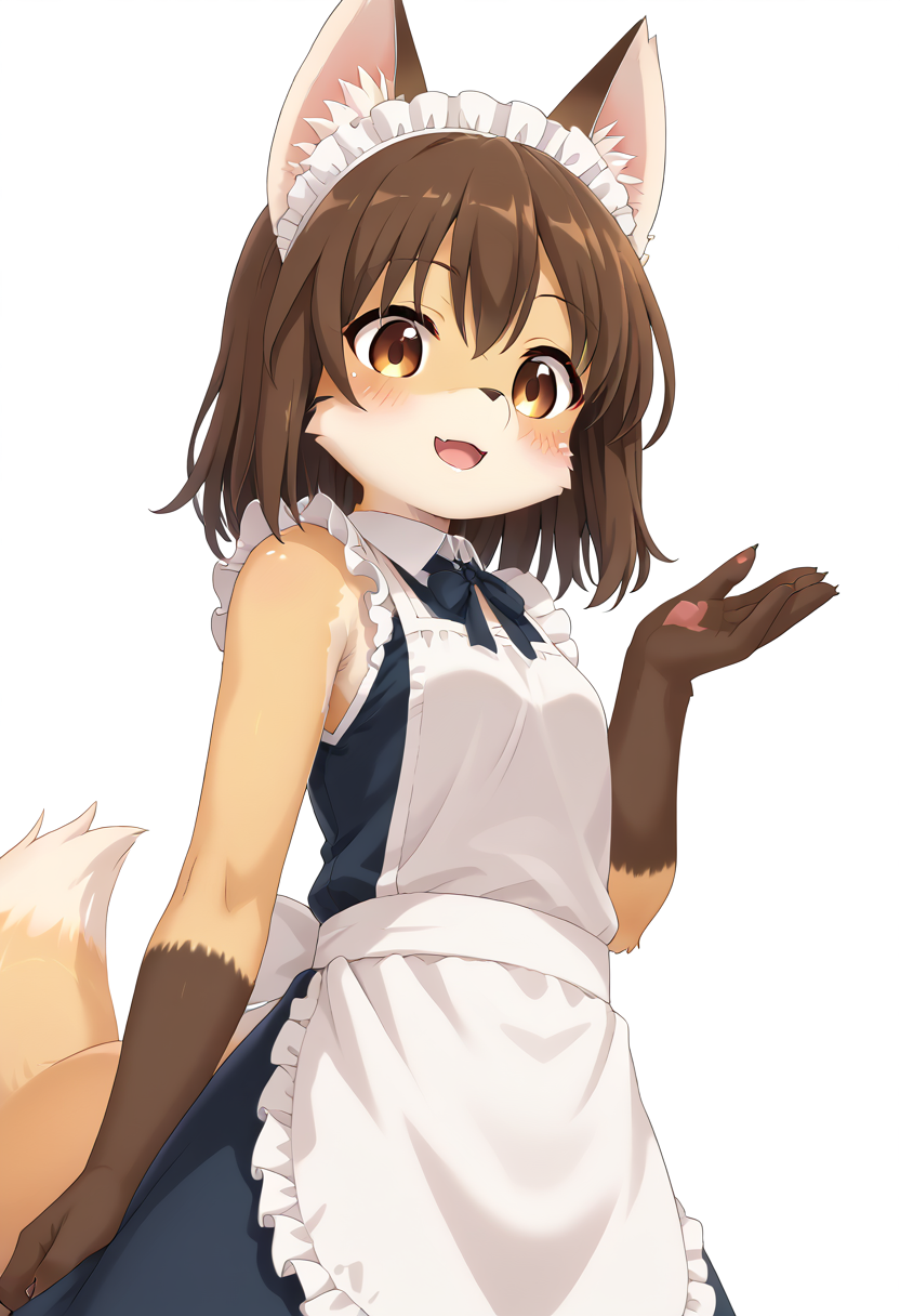 score_9, score_8_up, score_7_up, source_furry, kmc, <lora:FoxGirl_pony_v1:1>, anime screencap, furry female, furry, animal ears, tail, tareme, brown eyes, looking at viewer, blush, fox ears, brown hair, medium hair, smile, open mouth, maid, maid apron, maid headdress, fox tail, upper body, from below side, simple background, white background, <lora:p:0.3> <lora:Anime_Screencap:0.7>