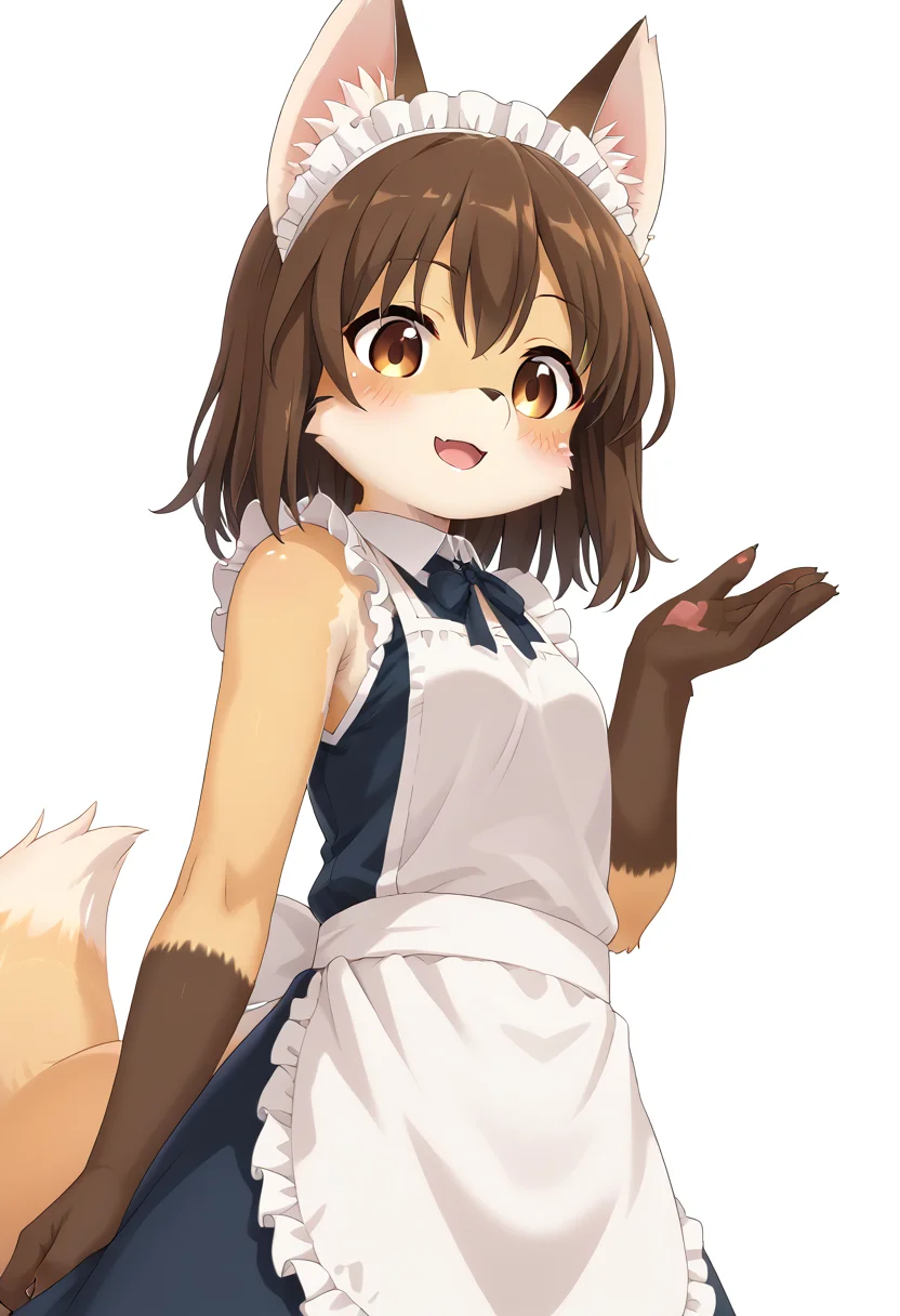 score_9, score_8_up, score_7_up, source_furry, kmc, <lora:FoxGirl_pony_v1:1>, anime screencap, furry female, furry, animal ears, tail, tareme, brown eyes, looking at viewer, blush, fox ears, brown hair, medium hair, smile, open mouth, maid, maid apron, maid headdress, fox tail, upper body, from below side, simple background, white background, <lora:p:0.3> <lora:Anime_Screencap:0.7>