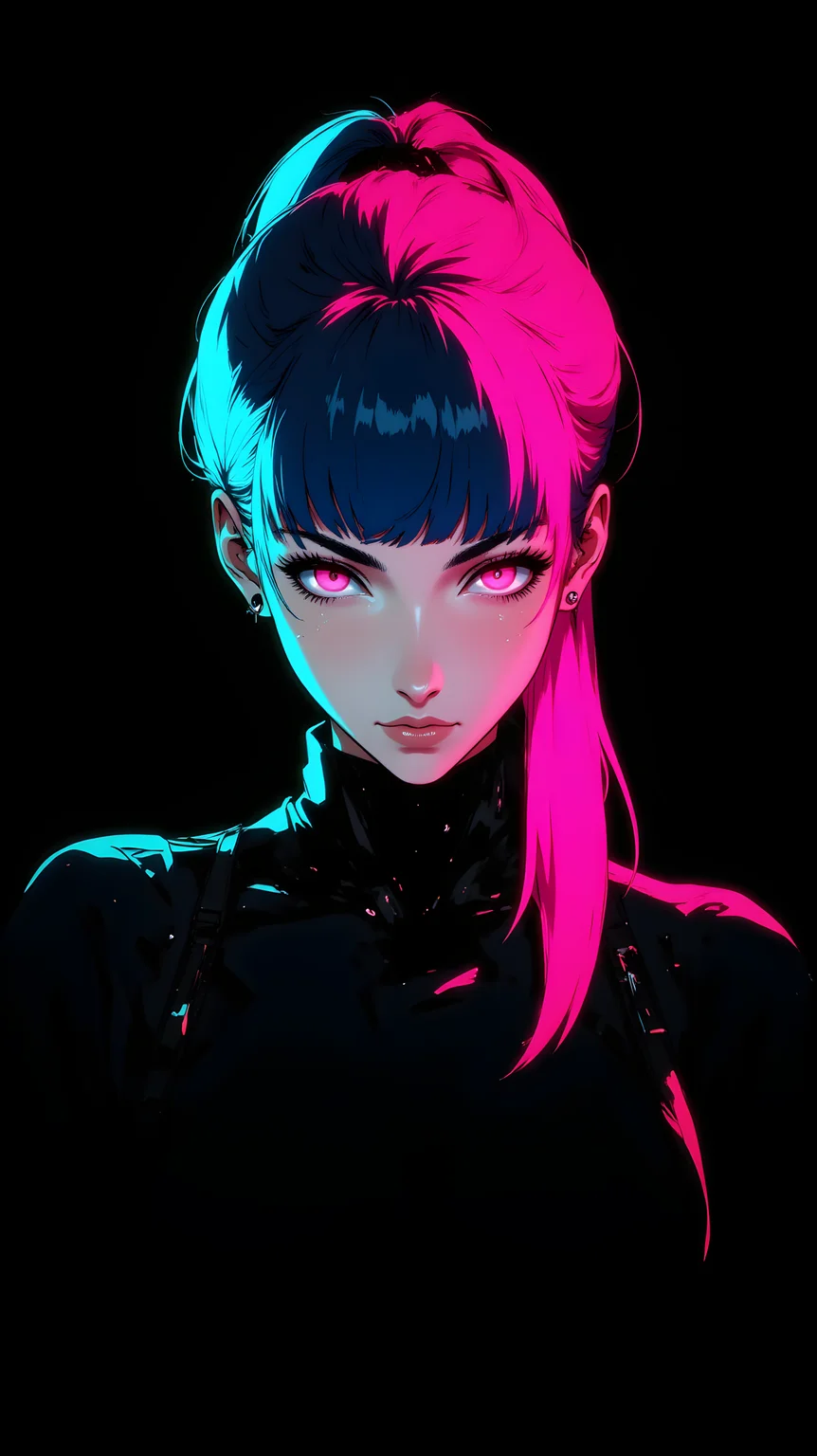 A striking and futuristic portrait featuring a person with vibrant, neon-colored hair. The individual has long hair styled in a high ponytail, with the top portion dyed in bright blue and the lower strands in vivid pink. Their eyes are glowing with a radiant pink hue, adding an otherworldly and cyberpunk aesthetic to the composition. The background is completely black, which makes the bold colors of the hair and eyes stand out dramatically.
The person is wearing a dark outfit that appears sleek and modern, possibly a jacket or hoodie, with subtle details like straps and buckles visible on the shoulders. The lighting is focused on the face and upper body, highlighting the sharp contrast between the bright hair and the dark clothing. The overall mood of the image is intense and edgy, evoking a sense of mystery and futurism. The use of neon colors and glowing elements gives the portrait a highly stylized, digital art feel.
j_art, anime, anime art, <lora:FLUX\jul\J_Anime:0.7>, <lora:FLUX\RealAnime:0.7>