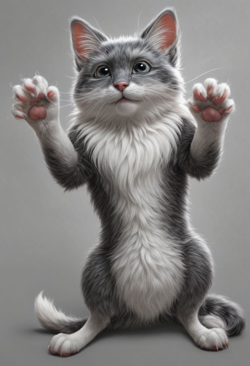 kitten standing on its hind legs realistic wet nose bristling fur stalking pose to catch a little mouse cheerful happy look