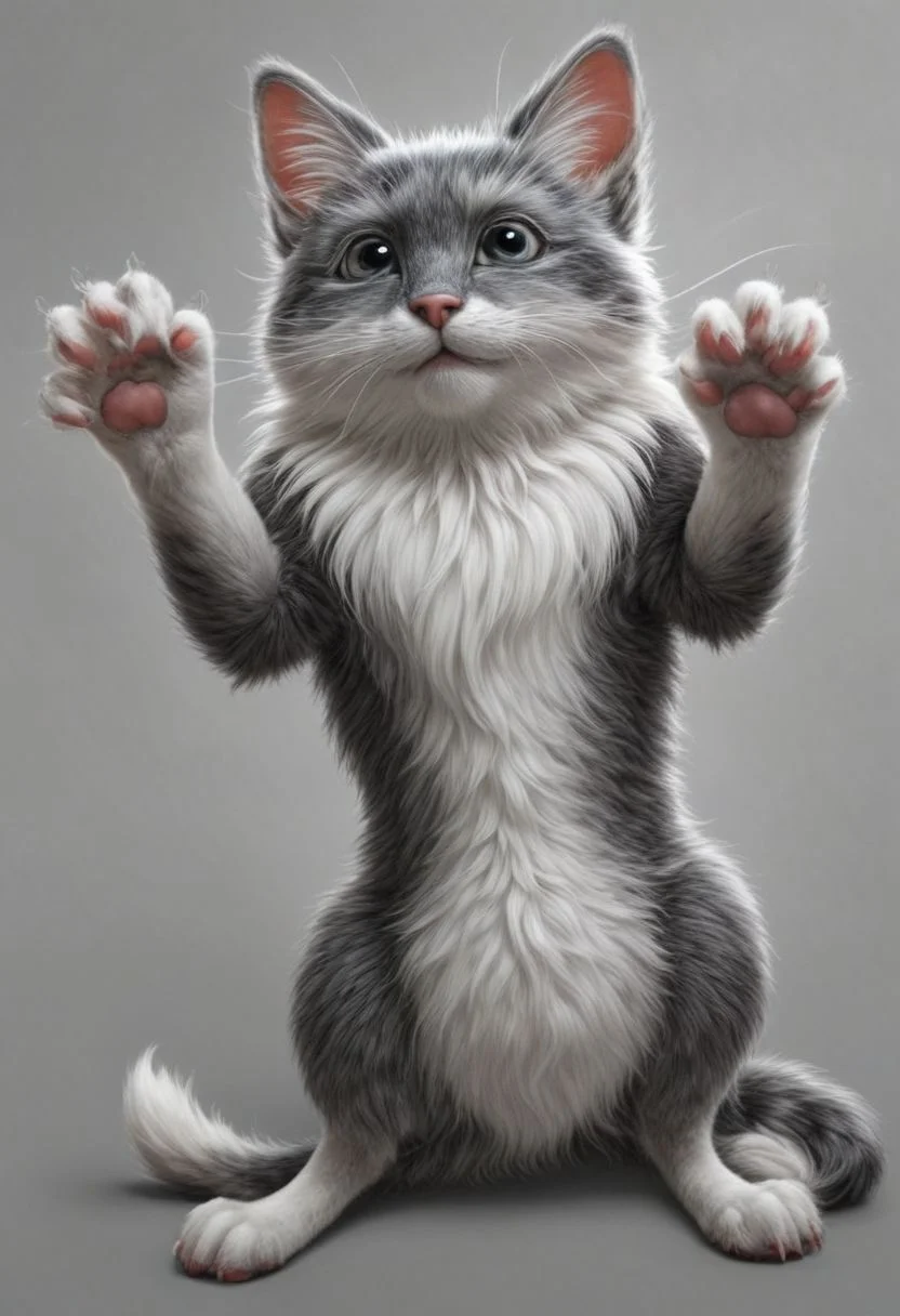 kitten standing on its hind legs realistic wet nose bristling fur stalking pose to catch a little mouse cheerful happy look