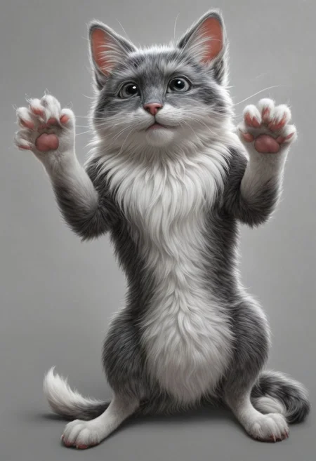 kitten standing on its hind legs realistic wet nose bristling fur stalking pose to catch a little mouse cheerful happy look