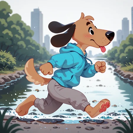 masterpiece, best quality, amazing quality, very aesthetic, absurdres, newest, cute, pikaole, solo, male, anthro, furry, dog, black ears, floppy ears, black eyes, brown fur, blue hoodie, hood down, gray sweatpants, tongue out, breathing, running, river, trail, city, from side, full body, (depth of field), (4 fingers), <lora:Striker_-_1994_FIFA_World_Cup_Mascot_Illustrious:1.2> <lora:pikaole:1>