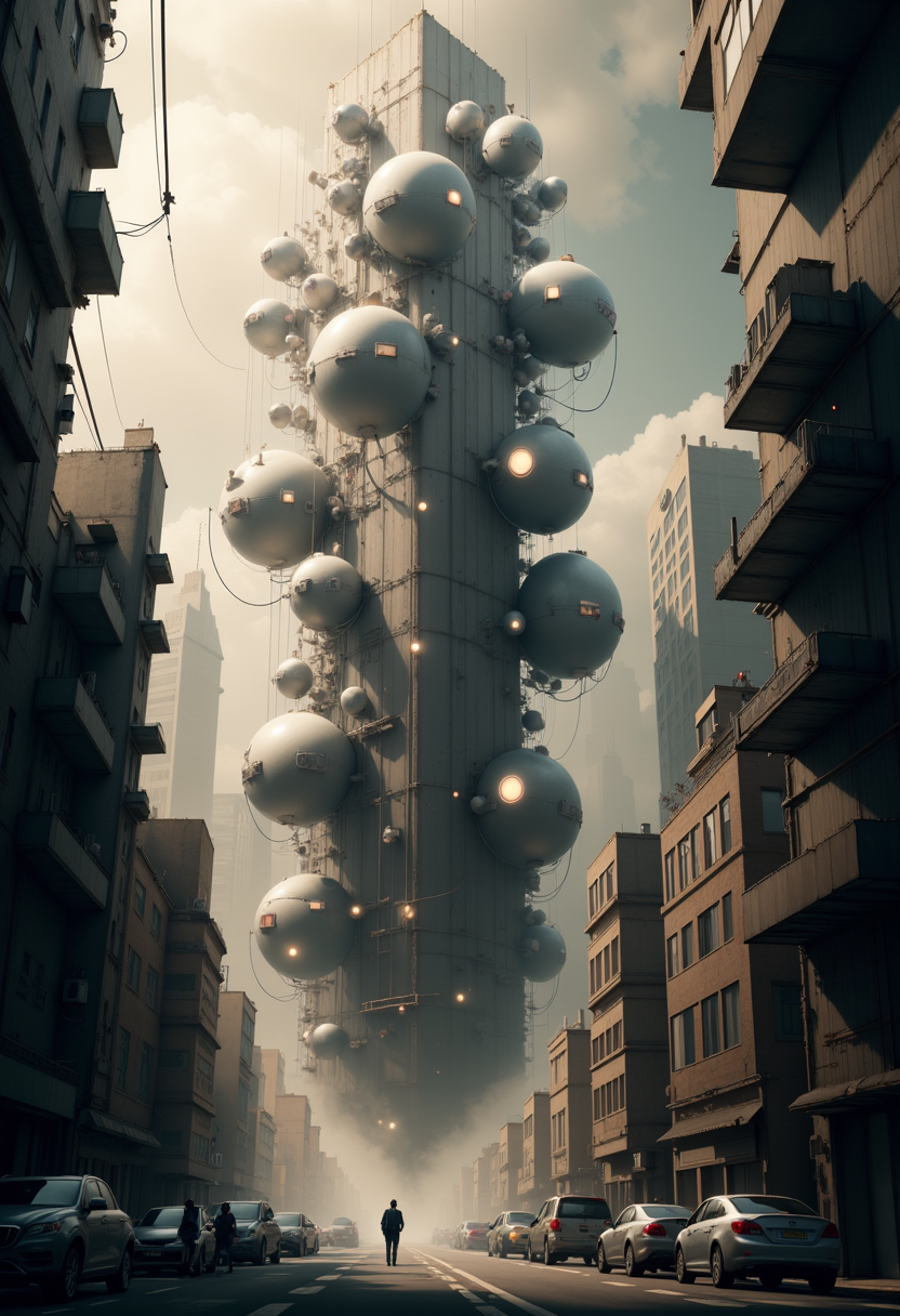 YFG-SpyWorld50s A dynamic city environment with clusters of egg-shaped apartments suspended on thick steel cables, each glowing softly like lanterns above the streets.
