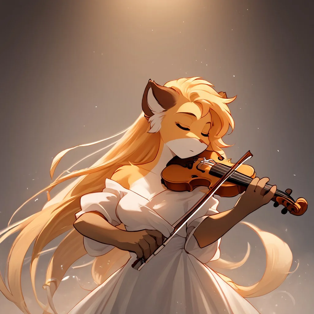 score_9, score_8_up, score_7_up, masterpiece, best quality, good quality, highly detailed, absurdres, smooth, Expressiveh, concert hall, spotlight, 1 girl, solo, mike-twokinds, anthro, long dress, bare shoulders, playing-violin, violin, holding, bow \(music\), playing violin, closed eyes