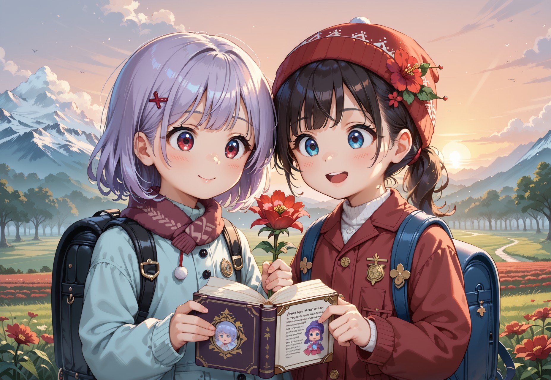 score_9,score_8_up,score_7_up,source_anime ,absurdres,detailxl,zPDXL3,
(Masterpiece:1.3),(best quality:1.2),high resolution,high quality,detailed,cute details, 2girls, (ultra HD quality details), anime, cute, thick winter clothing, backpack, one girl is holding a book the other is holding a flower, ((holding red flower)), ((holding book)), (inspecting flower), looking at flower, excited look, :D, (detailed image, high resolution, 5k resolution:1.0), Expressiveh, red sunset lighting, open field, crop field, grain field, light snow
<lora:ColorRoughSlider:-0.1>,
<lora:zy_Detailed_Backgrounds_v1:0.6>, basukechi_style