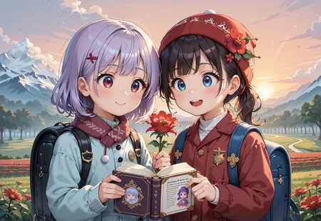 score_9,score_8_up,score_7_up,source_anime ,absurdres,detailxl,zPDXL3,
(Masterpiece:1.3),(best quality:1.2),high resolution,high quality,detailed,cute details, 2girls, (ultra HD quality details), anime, cute, thick winter clothing, backpack, one girl is holding a book the other is holding a flower, ((holding red flower)), ((holding book)), (inspecting flower), looking at flower, excited look, :D, (detailed image, high resolution, 5k resolution:1.0), Expressiveh, red sunset lighting, open field, crop field, grain field, light snow
<lora:ColorRoughSlider:-0.1>,
<lora:zy_Detailed_Backgrounds_v1:0.6>, basukechi_style