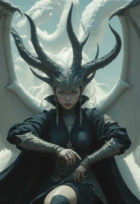 4qu4, UHD 32k fantasy movie still, Asian Princess stretching arms becoming white wings and growing dragon horns, half-body portrait, closeup, white hair, intricate detailed face, beautiful face, outside palace background, trending on artstation, sharp focus, studio photo, intricate details, sharp focus, studio photo, intricate details, highly detailed, sf, intricate artwork masterpiece, ominous, matte painting movie poster, golden ratio, trending on cgsociety, intricate, epic, trending on artstation, by artgerm, vibrant, production cinematic character render, ultra high quality model, studio lighting, detailed skin, ultra realistic, bokeh, sharp features, close up portrait photo, fantasy world, Stunning visuals, Texture, beautiful face features, High Detail, Perfect Composition, in shadow with shafts of light, high contrast, silhouetted, chiascuro, MurphFSF