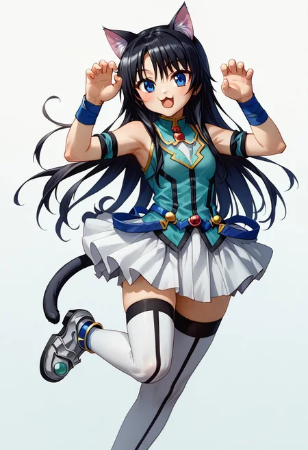 score_9, score_8_up, score_7_up, source_anime, good anatomy, 1girl, solo, NanamiTakatsuki, long hair, side locks, black hair, blue eyes, cyan shirt, blue belts, white pleated skirt, miniskirt, layered skirt, white thighhighs, blue anklet, metal shoes, red gem, armbands, cat girl, cat ears, cat tail, cat smile, cat pose, no jacket