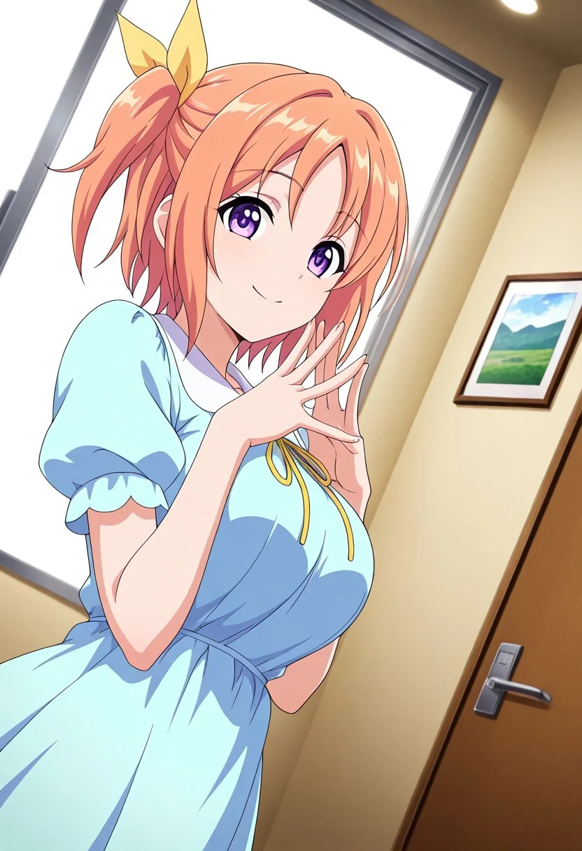 general,highres, ultra-detailed,very aesthetic,best quality ,best hands,best eyes,easynegative,
dynamic anglre, dutch angle, anime cloring,
1girl solo,looking at viewer,smile,indoors,comic,
Kururu Hiiragi,orange hair, short_hair, side ponytail, hair ribbon, yellow ribbon, large_breasts, purple eyes,light blue dress,