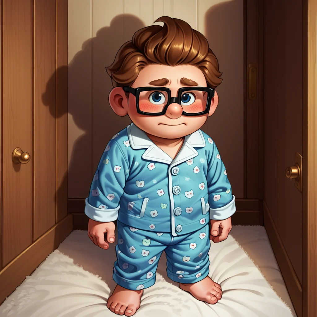 score_9, score_8_up, score_7_up,  <lora:df-000008:0.9> ucarlminor, ucarlyoun, 1boy, solo, (child:1), chubby, glasses, male focus, blue pajamas, barefoot, standing, looking at viewer, blush