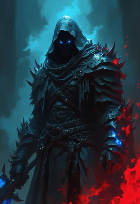 In this haunting and visually striking conceptual art piece, a dark warrior stands tall in a swirling fog, enveloped in a moody and eerie atmosphere. The warrior dons a tattered cloak, with chains tightly wrapped around his torso and arms, emitting a faint blue glow. His massive, glowing blade is raised, adding to the intensity of the scene. The metallic armor reflects the scarce red and blue hues, casting an otherworldly ambiance. The hood conceals his face, revealing only glowing eyes that pierce the darkness. The composition features cinematic lighting, depth of field, and floating ember particles for a dramatic and captivating effect. The high detail and realistic textures bring this dark and mysterious character to life.