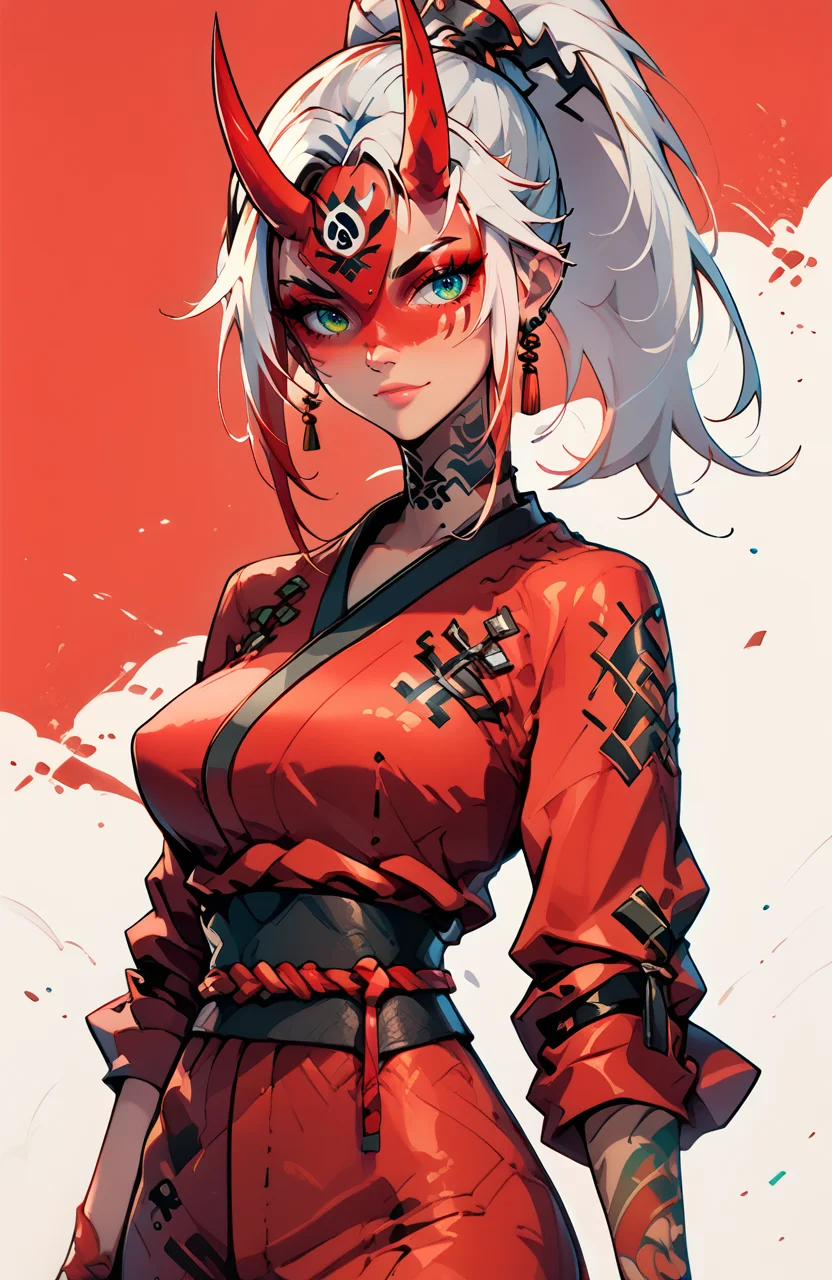 score_9, score_8_up, score_7_up, score_6_up, 1girl, oni mask, yakuza, looking at viewer, red kimono, ponytail, bangs, white hair, bangs large breasts, slim, puffy nipples. full arm tattoo, , pinup pose, portrait, illustration <lora:1g0rXLP:0.8> <lora:Sinozick_Style_XL_Pony:0.75> <lora:add-detail-xl:0.8> <lora:CatalystStylePDXL:0.8> zzCitronCAT,, abstract background,, white outline, <lora:3DMM_XL_V13:0.8> 3DMM <lora:merged:0.8> <lora:PerfectEyesXL:0.8> green eyes, blue eyes, brown eyes, perfecteyes<lora:Dystopian Anime_epoch_15:1>,