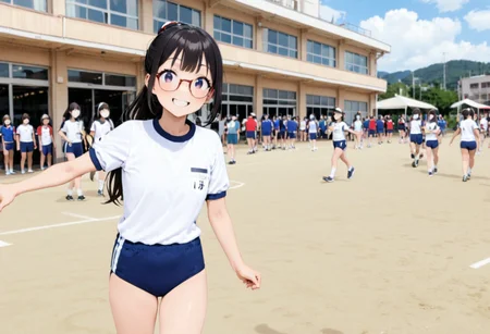 masterpiece, best quality, very aesthetic, absurdres,
koutei, outdoors, blue sky, summer sky, day, cloud, photo background, running, multiple girls, real world location, 
1girl, solo, glasses, black hair, ponytail, standing, looking at viewer, smile, happy, 
 <lora:gakkou_koutei_SDXL_V1:0.8> <lora:Buruma_BLUE2S_SDXL_V1:1> BK2S, JP530S2N, taisoufukuN, gym uniform, blue buruma,