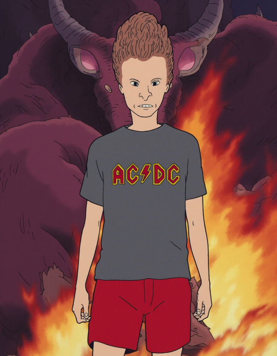 2d artstyle, Butthead character wearing AC/DC shirt, red shorts, (depicted as anime style villian)  <lora:Butt-head_Flux:1> <lora:Studio_Ghibli_Flux:1> ghiblistyle