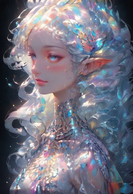 zPDXLxxx ((score_9, score_8_up, score_7_up)), masterpiece, perfect anatomy, perfect face, 1r1d3sc3nc3, liquid marble, 1girl, solo, fairy queen BREAK long hair, pale hair, elfin ears, pointy ears, long ears, pale skin, rainbow eyes, medium breasts, lean body, smooth skin, pink lips, iridescent wings BREAK fairy dress, iridescent dress BREAK ((fantasy marble hall)), detailed background, smile, blush, one hand on cheek
