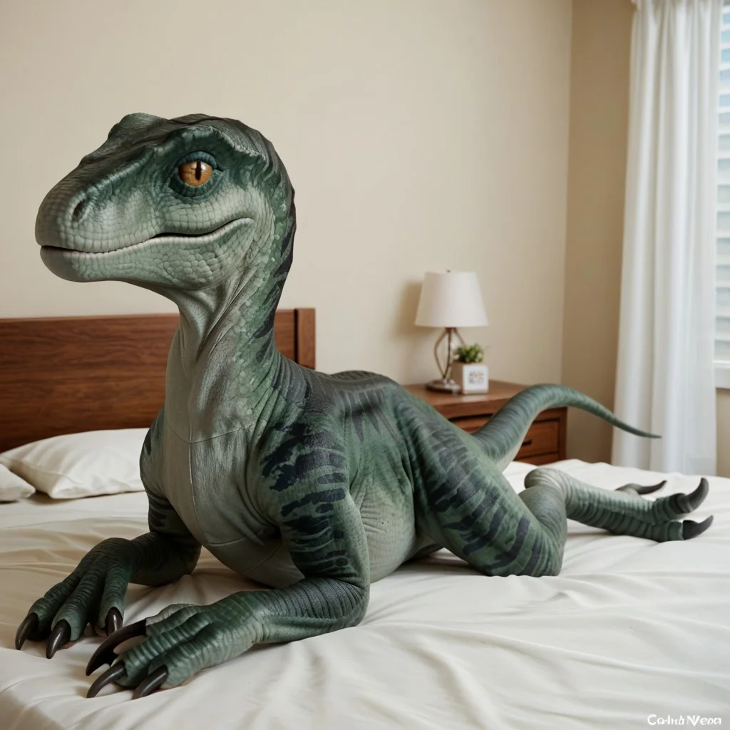 score_9, score_8_up, score_7_up, score_6_up, score_5_up, score_4_up, masterpiece, high quality, realistic, detailed, best quality, white bed, solo, rating_safe, source_furry, bedroom, smiling, seductive, looking at viewer, on bed, lying on belly, detailed eyes, detailed face, dinosaur, raptor, scales, tail, claws, talons, Charlie_jw, green scales, black stripes, yellow sclera, slit pupils, female, 1girl